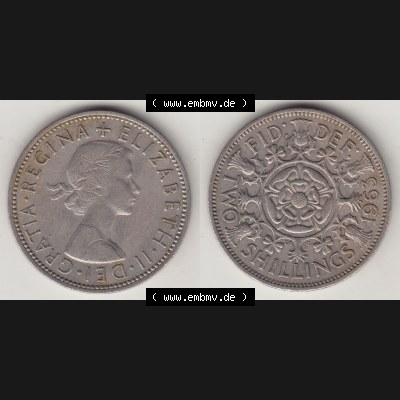 Münzen Großbritannien Umlaufmünze 1954-1970, 2 Schilling - Shillings 1963-1. Vorderseite und Rückseite horizontal auf einen digitalen Bild der alten britischen Münze... Sammlung
