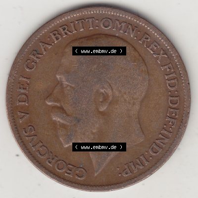 Münzen Großbritannien Umlaufmünze 1911-1926, 1 One Penny, 1920-1, George V, B.M. GEORGIVS V DEI GRABRITTOMNREX FIDDEFINDIMP. Vorderseite der... Sammlung