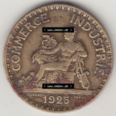 Münzen Frankreich Umlaufmünze 1920-1927, 2 Franken 1925-1, BON POUR 2 FRANCS CHAMBRES DE COMMERCE DE FRANCE. Vorderseite der alten französischen Umlaufmünze aus Frankreich... Sammlung