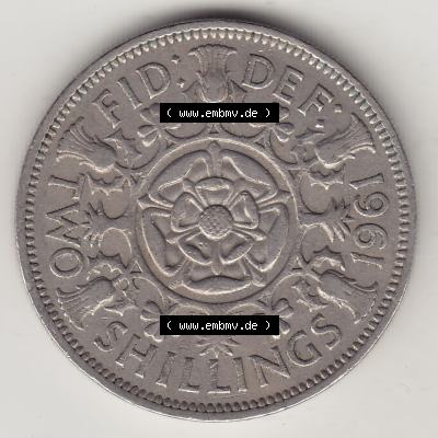Münzen Großbritannien Umlaufmünze 1954-1970, 2 Schilling - Shillings 1961-1. Rückseite der alten britischen Münze aus Großbritannien zum katalogisieren und... Sammlung