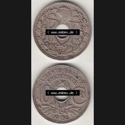 Münzen Frankreich Umlaufmünze 1917-1938, 10 Centimes - Cmes 1936. Vorderseite und Rückseite vertikal auf einen digitalen Bild der alten französischen Umlaufmünze 10... Sammlung