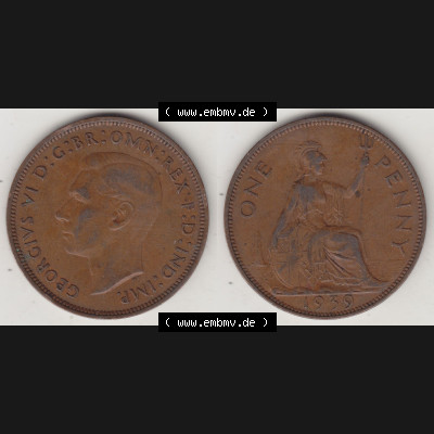 Münzen Großbritannien Umlaufmünze 1937-1948. 1 One Penny 1939-1, George VI, GEORGIVS VI DGBROMNREX FDINDIMP. HP. Vorderseite und Rückseite horizontal... Sammlung