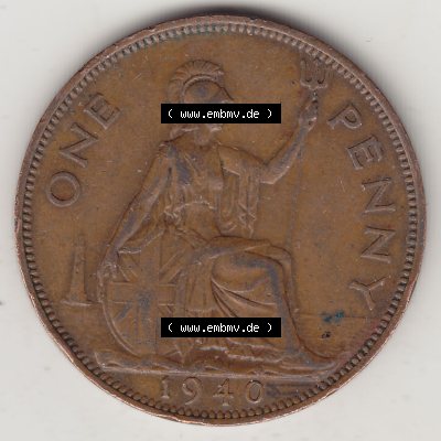 Münzen Großbritannien Umlaufmünze 1937-1948. 1 One Penny 1940-1, George VI, GEORGIVS VI DGBROMNREX FDINDIMP. HP. Rückseite der alten britischen Münze... Sammlung