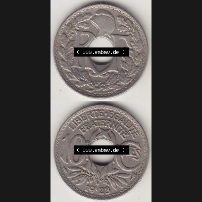 Münzen Frankreich Umlaufmünze Vollansicht 1917-1938, 10 Centimes, 10 CMES EGALITÉ FRATERNITÉ LIBERTÉ 1923-1. Vertikales beidseitiges Bildmaterial der Vorderseite... Sammlung