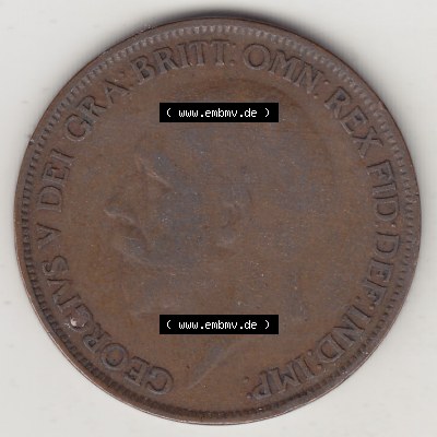 Münzen Großbritannien Umlaufmünze 1927-1927, 1 One Penny, 1927-2, George V, BM GEORGIVS V DEI GRABRITTOMNREX FIDDEFINDIMP. Vorderseite der alten britischen... Sammlung
