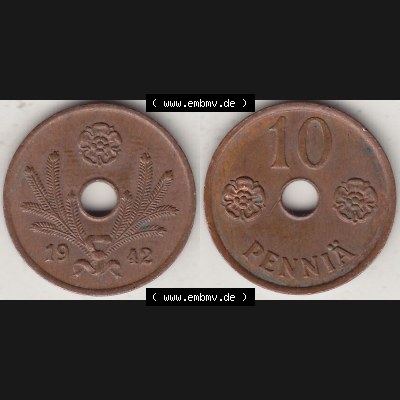 Alte Münzen KMS Finnland, Kursmünzensatz 1941-1943, 10 Penny, Penniä Kupfer 1942-1 . Digitales Bild / Bildmaterial mit Vorderseite und Rückseite einer Münze... Sammlung
