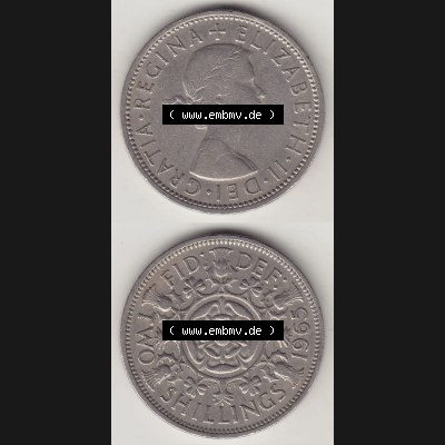Münzen Großbritannien Umlaufmünze 1954-1970, 2 Schilling - Shillings 1965-1. Vorderseite und Rückseite vertikal untereinander auf einen digitalen Bild der alten britischen... Sammlung