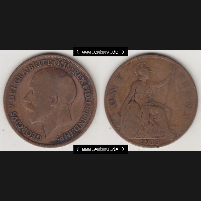 Münzen Großbritannien Umlaufmünze 1911-1926, 1 One Penny, 1913-1, George V, B.M. GEORGIVS V DEI GRABRITTOMNREX FIDDEFINDIMP. Vorderseite und... Sammlung