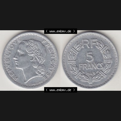 Alte Münzen KMS Frankreich, aus Kursmünzensatz-Zusammenstellung der Jahre 1917-1952, mit der Münze 1945-1952, 5 Franken, Francs 1949-1. Vorderseite und Rückseite... Sammlung