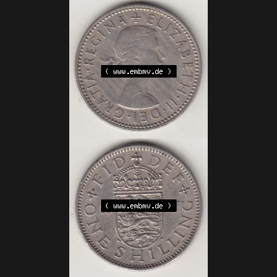 Münzen Großbritannien Umlaufmünze 1954-1970, 1 Schilling - Shilling, 1957-1 Wappen mit 3 Löwen. Vorderseite und Rückseite vertikal untereinander auf einen digitalen... Sammlung