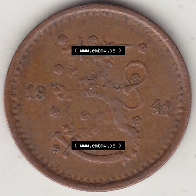 Alte Münzen KMS Finnland, Kursmünzensatz 1940-1943, 50 Penny, Penniä, Kupfer 1941-1. Vorderseite einer Münze aus KMS / Kursmünzen bzw.... Sammlung