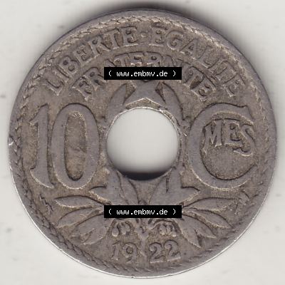 Münzen Frankreich Umlaufmünze 1917-1938, 10 Centimes, 10 CMES EGALITÉ FRATERNITÉ LIBERTÉ 1922-1. Digitales Bild der Rückseite mit Wertzahl / Nennwert... Sammlung