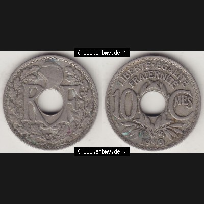 Münzen Frankreich Umlaufmünze Vollansicht 1917-1938, 10 Centimes, 10 CMES EGALITÉ FRATERNITÉ LIBERTÉ 1919-2. Vorderseite und Rückseite horizontal... Sammlung