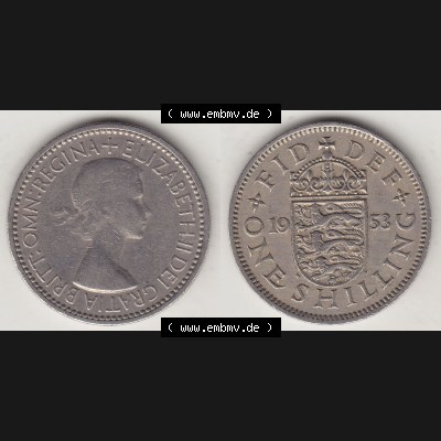 Münzen Großbritannien Umlaufmünze 1954-1970, 1 Schilling - One Shilling, 1953-1 Wappen mit drei Löwen. Vorderseite und Rückseite horizontal auf einen digitalen... Sammlung