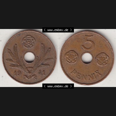 Alte Münzen KMS Finnland, Kursmünzensatz 1941-1943, 5 Penny, Penniä, Kupfer 1941-1. Digitales Bild / Bildmaterial mit Vorderseite und Rückseite einer... Sammlung