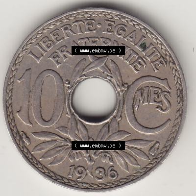 Münzen Frankreich Umlaufmünze 1917-1938, 10 Centimes - Cmes 1936. Rückseite der alten französischen Umlaufmünze 10 Cmes - Centimes - Cent aus Frankreich in der Francs-Währung... Sammlung