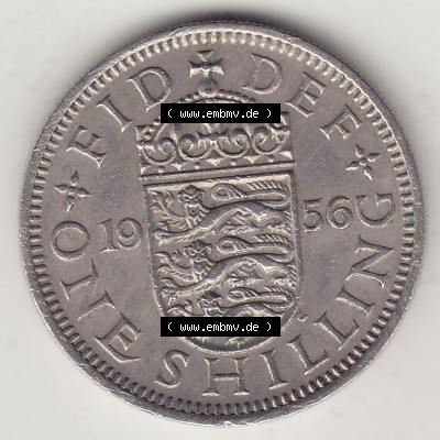 Münzen Großbritannien Umlaufmünze 1954-1970, 1 Schilling - One Shilling, 1956-1 Wappen mit drei Löwen. Rückseite der alten britischen Münze aus Großbritannien... Sammlung
