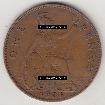 Münzen Großbritannien Umlaufmünze 1928-1936, 1 One Penny, 1936-1, George V. BM GEORGIVS V DEI GRABRITTOMNREX FIDDEFINDIMP. Rückseite der alten britischen... Sammlung