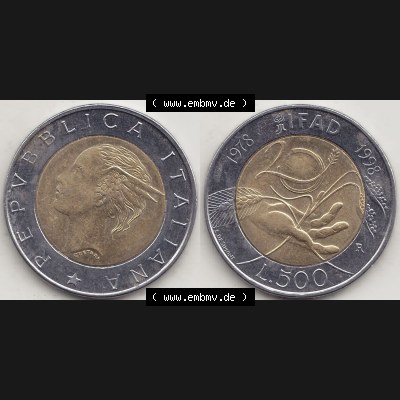 Bildmaterial von Münzen aus Italien / Italia Gedenkmünzen 1998-1998, 500 Lire, 20 Jahre Internationaler Fonds für die landwirtschaftliche Entwicklung (1978-1998)-1.... Sammlung