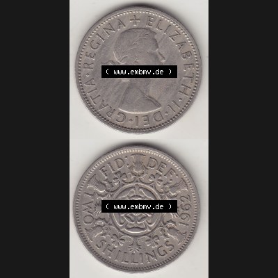 Münzen Großbritannien Umlaufmünze 1954-1970, 2 Schilling - Shillings 1962-1. Vorderseite und Rückseite vertikal untereinander auf einen digitalen Bild der alten britischen... Sammlung