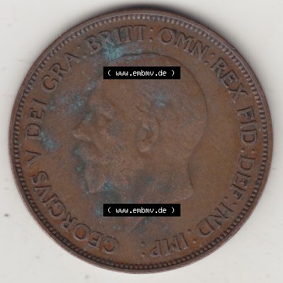Münzen Großbritannien Umlaufmünze 1928-1936, 1 One Penny, 1935-1, George V. BM GEORGIVS V DEI GRABRITTOMNREX FIDDEFINDIMP. Vorderseite der alten britischen... Sammlung