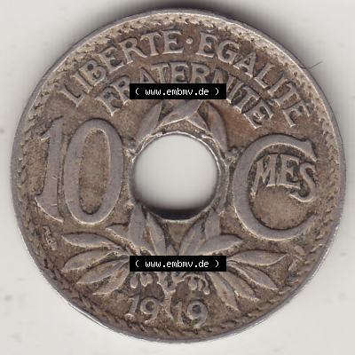 Münzen Frankreich Umlaufmünze Einzelansicht 1917-1938, 10 Centimes, 10 CMES EGALITÉ FRATERNITÉ LIBERTÉ 1919-1. Rückseite der alten französischen... Sammlung