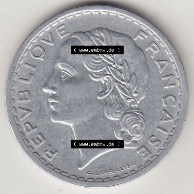 Alte Münzen KMS Frankreich, aus Kursmünzensatz-Zusammenstellung der Jahre 1917-1952, mit der Münze 1945-1952, 5 Franken, Francs 1949-1. Vorderseite der alten... Sammlung