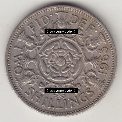 Münzen Großbritannien Umlaufmünze 1954-1970, 2 Schilling - Shillings 1963-1. Rückseite der alten britischen Münze aus Großbritannien zum katalogisieren und... Sammlung