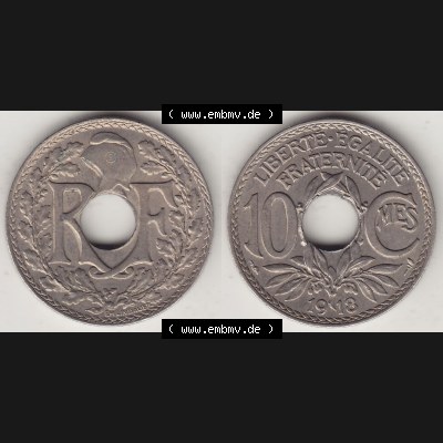 Münzen Frankreich Umlaufmünze Vollansicht 1917-1938, 10 Centimes, RF - Frankreich 10 CMES EGALITÉ FRATERNITÉ LIBERTÉ 1918-1. Vorderseite und Rückseite... Sammlung