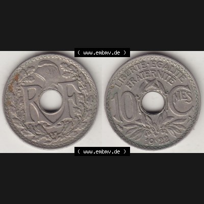 Münzen Frankreich Umlaufmünze Vollansicht 1917-1938, 10 Centimes, RF - Frankreich 10 CMES EGALITÉ FRATERNITÉ LIBERTÉ 1922-2. Vorderseite und Rückseite... Sammlung