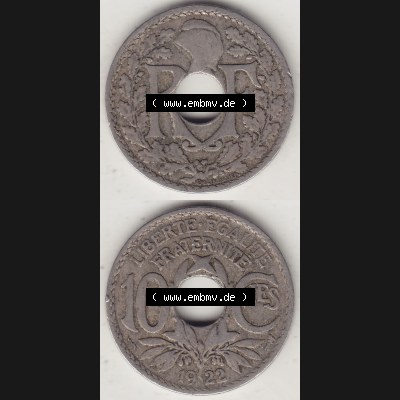 Münzen Frankreich Umlaufmünze Vollansicht 1917-1938, 10 Centimes, 10 CMES EGALITÉ FRATERNITÉ LIBERTÉ 1922-1. Vertikales beidseitiges Bildmaterial der Vorderseite... Sammlung