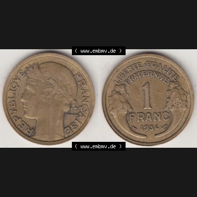 Münzen Frankreich Umlaufmünze 1931-1941, 1 Franken, 1 Franc, 1934-1 LIBERTE EGALITE FRATERNITE. Vorderseite und Rückseite horizontal auf einen digitalen Bild der... Sammlung