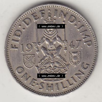 Münzen Großbritannien Umlaufmünze 1947-1948, 1 Schilling - One Shilling 1947-1 Sitzender Löwe auf Krone. Rückseite der alten britischen Münze aus Großbritannien... Sammlung