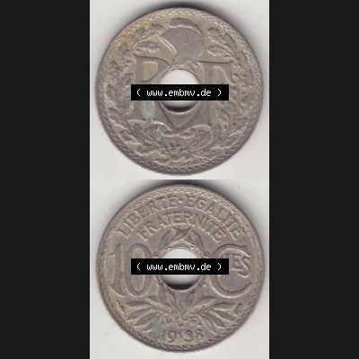 Münzen Frankreich Umlaufmünze 1917-1938, 10 Centimes - Cmes 1938-2. Vorderseite und Rückseite vertikal auf einen digitalen Bild der alten französischen Umlaufmünze... Sammlung