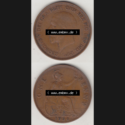 Münzen Großbritannien Umlaufmünze 1928-1936, 1 One Penny, 1936-1, George V. BM GEORGIVS V DEI GRABRITTOMNREX FIDDEFINDIMP. Vorderseite und Rückseite... Sammlung