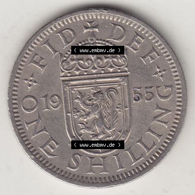 Münzen Großbritannien Umlaufmünze 1954-1970, 1 Schilling - One Shilling, 1955-1 Wappen mit einen Löwen. Rückseite der alten britischen Münze aus Großbritannien... Sammlung
