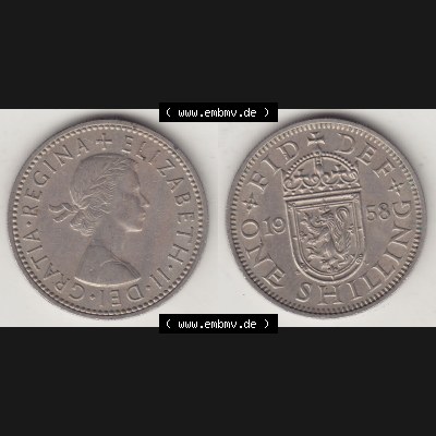 Münzen Großbritannien Umlaufmünze 1954-1970, 1 Schilling - Shilling, 1958-1 Wappen mit einen Löwen. Vorderseite und Rückseite horizontal auf einen digitalen... Sammlung