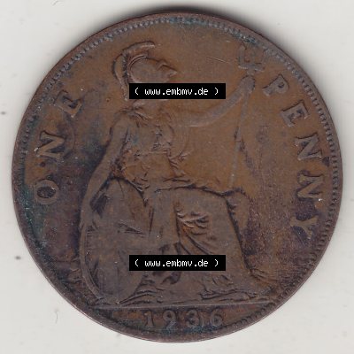 Münzen Großbritannien Umlaufmünze 1928-1936, 1 One Penny, 1936-2, George V. BM GEORGIVS V DEI GRABRITTOMNREX FIDDEFINDIMP. Rückseite der alten britischen... Sammlung