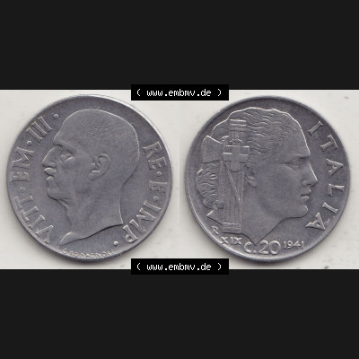 Alte Münzen KMS Italien / Italia, Kursmünzensatz - Zusammenstellung 1908-1943, mit Münze 1939-1943, 20 C. Centesimi, Cent 1941-1. Digitales Bild... Sammlung