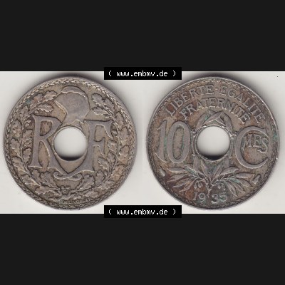 Münzen Frankreich Umlaufmünze 1917-1938, 10 Centimes - Cmes 1935-4. Vorderseite und Rückseite horizontal auf einen digitalen Bild der alten französischen Umlaufmünze... Sammlung