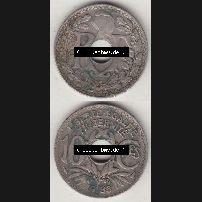 Münzen Frankreich Umlaufmünze Vollansicht 1917-1938, 10 Centimes, 10 CMES EGALITÉ FRATERNITÉ LIBERTÉ 1933-1. Vertikales beidseitiges Bildmaterial der Vorderseite... Sammlung