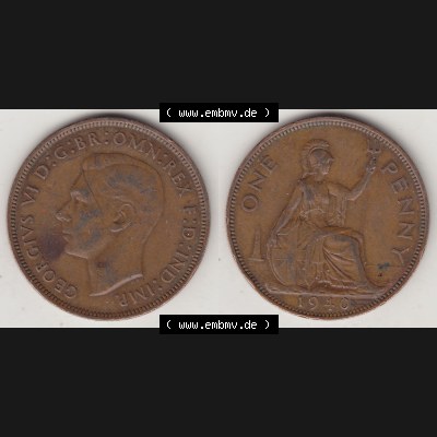 Münzen Großbritannien Umlaufmünze 1937-1948. 1 One Penny 1940-1, George VI, GEORGIVS VI DGBROMNREX FDINDIMP. HP. Vorderseite und Rückseite horizontal... Sammlung