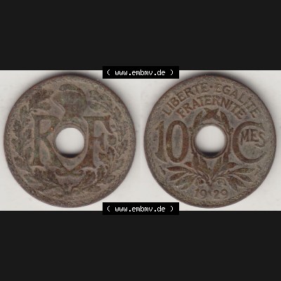 Münzen Frankreich Umlaufmünze Vollansicht 1917-1938, 10 Centimes, 10 CMES EGALITÉ FRATERNITÉ LIBERTÉ 1929-1. Vorderseite und Rückseite horizontal... Sammlung