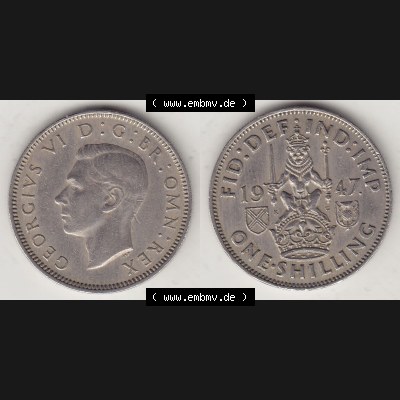 Münzen Großbritannien Umlaufmünze 1947-1948, 1 Schilling - One Shilling 1947-1 Sitzender Löwe auf Krone. Vorderseite und Rückseite horizontal auf einen digitalen... Sammlung