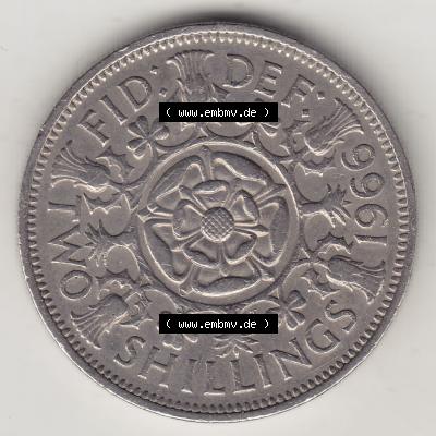 Münzen Großbritannien Umlaufmünze 1954-1970, 2 Schilling - Shillings 1966-4. Rückseite der alten britischen Münze aus Großbritannien zum katalogisieren und... Sammlung