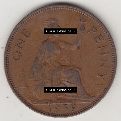 Münzen Großbritannien Umlaufmünze 1937-1948. 1 One Penny 1939-1, George VI, GEORGIVS VI DGBROMNREX FDINDIMP. HP. Rückseite der alten britischen Münze... Sammlung