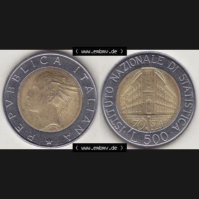Bildmaterial von Münzen aus Italien / Italia Gedenkmünzen 1996-1996, 500 Lire, 70 Jahre Nationales Institut für Statistik (1926-1996), 70 ISTAT ISTITUTO NAZIONALE... Sammlung