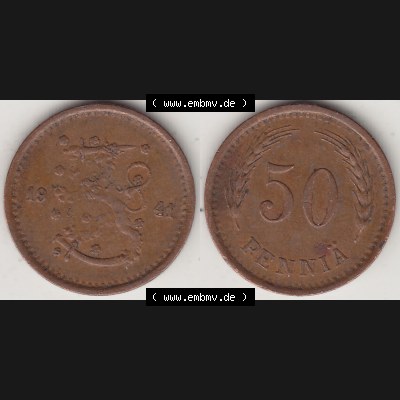 Alte Münzen KMS Finnland, Kursmünzensatz 1940-1943, 50 Penny, Penniä, Kupfer 1941-1. Digitales Bild / Bildmaterial mit Vorderseite und Rückseite einer... Sammlung