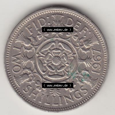 Münzen Großbritannien Umlaufmünze 1954-1970, 2 Schilling - Shillings 1967-1. Rückseite der alten britischen Münze aus Großbritannien zum katalogisieren und... Sammlung