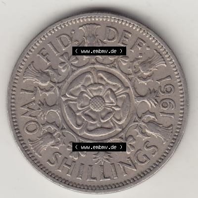 Münzen Großbritannien Umlaufmünze 1954-1970, 2 Schilling - Shillings 1961-3. Rückseite der alten britischen Münze aus Großbritannien zum katalogisieren und... Sammlung